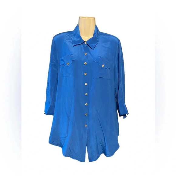 Soft Surroundings Blue Silk Button Down Top - Picture 1 of 9